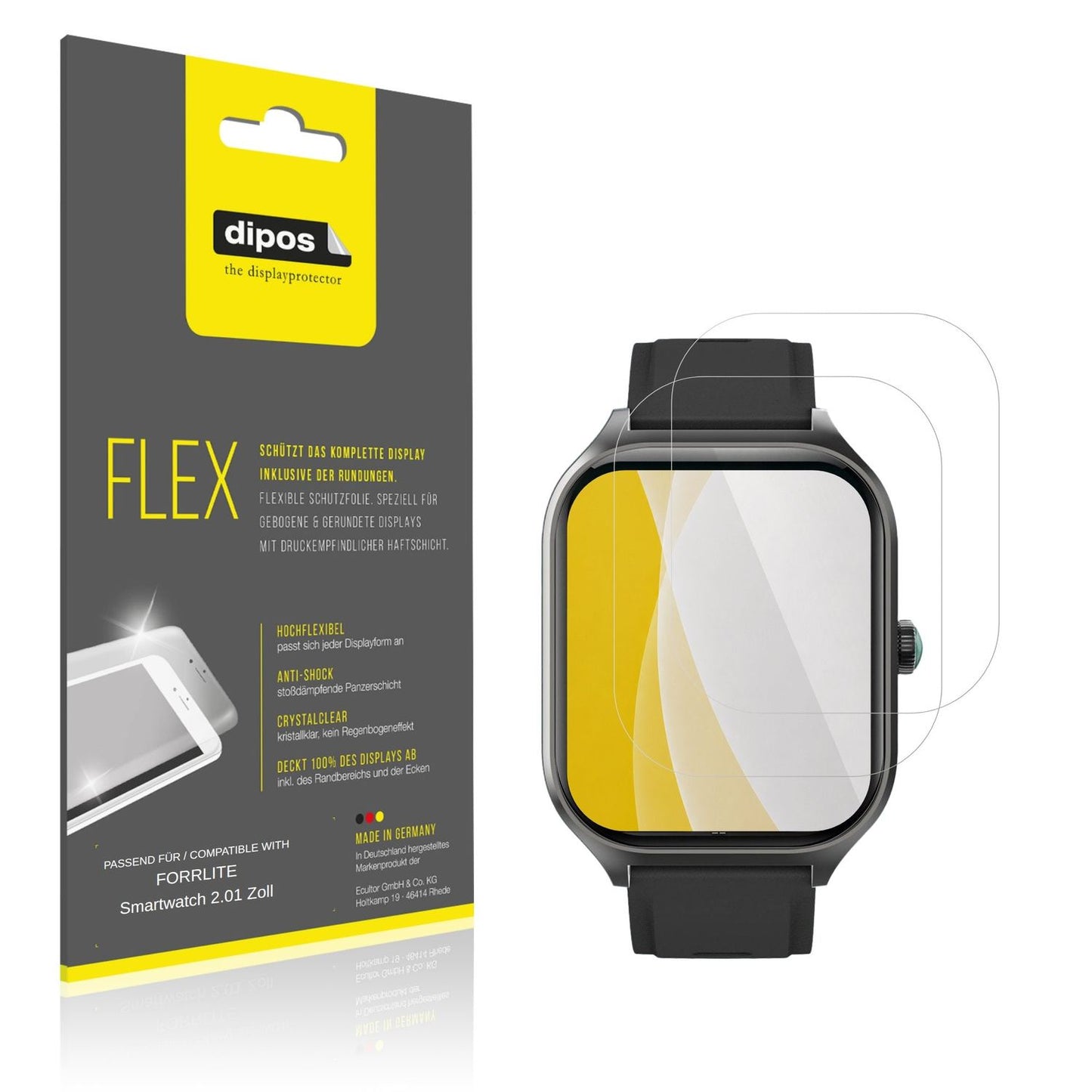 Klare Displayschutzfolie von dipos passend für FORRLITE Smartwatch 2.01 Zoll, 100% Displayabdeckung und blasenfreie Montage