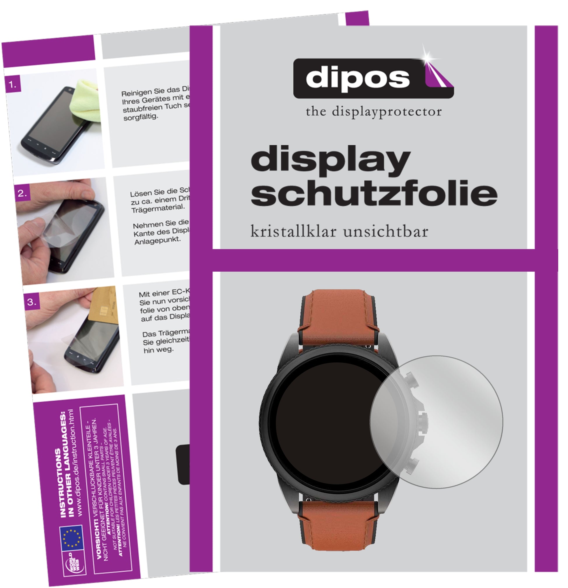 Klare Displayschutzfolie von dipos passend für Fossil Gen 6 (44 mm) Smartwatch, präziser Zuschnitt und blasenfrei montiert