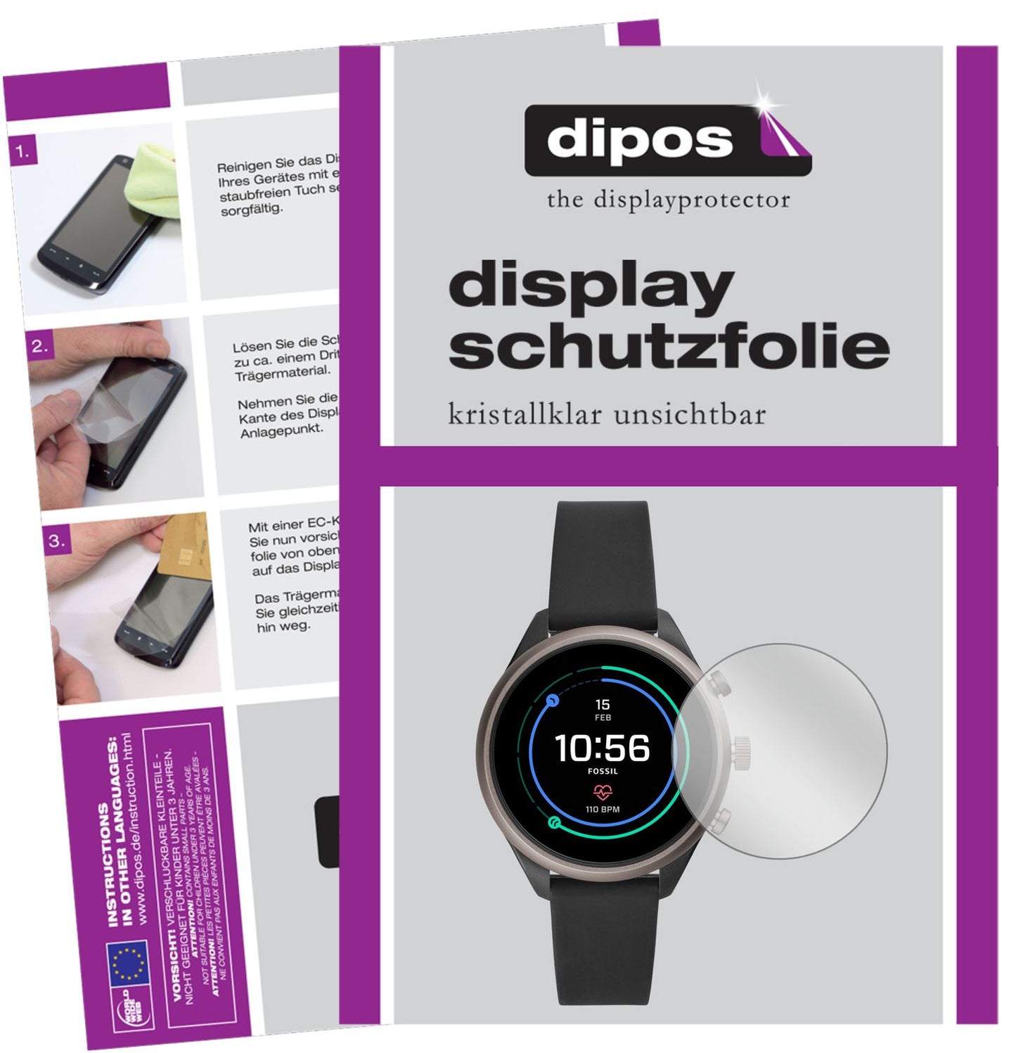 2x Schutzfolie klar für Fossil Sport Smartwatch Display-Schutzfolie