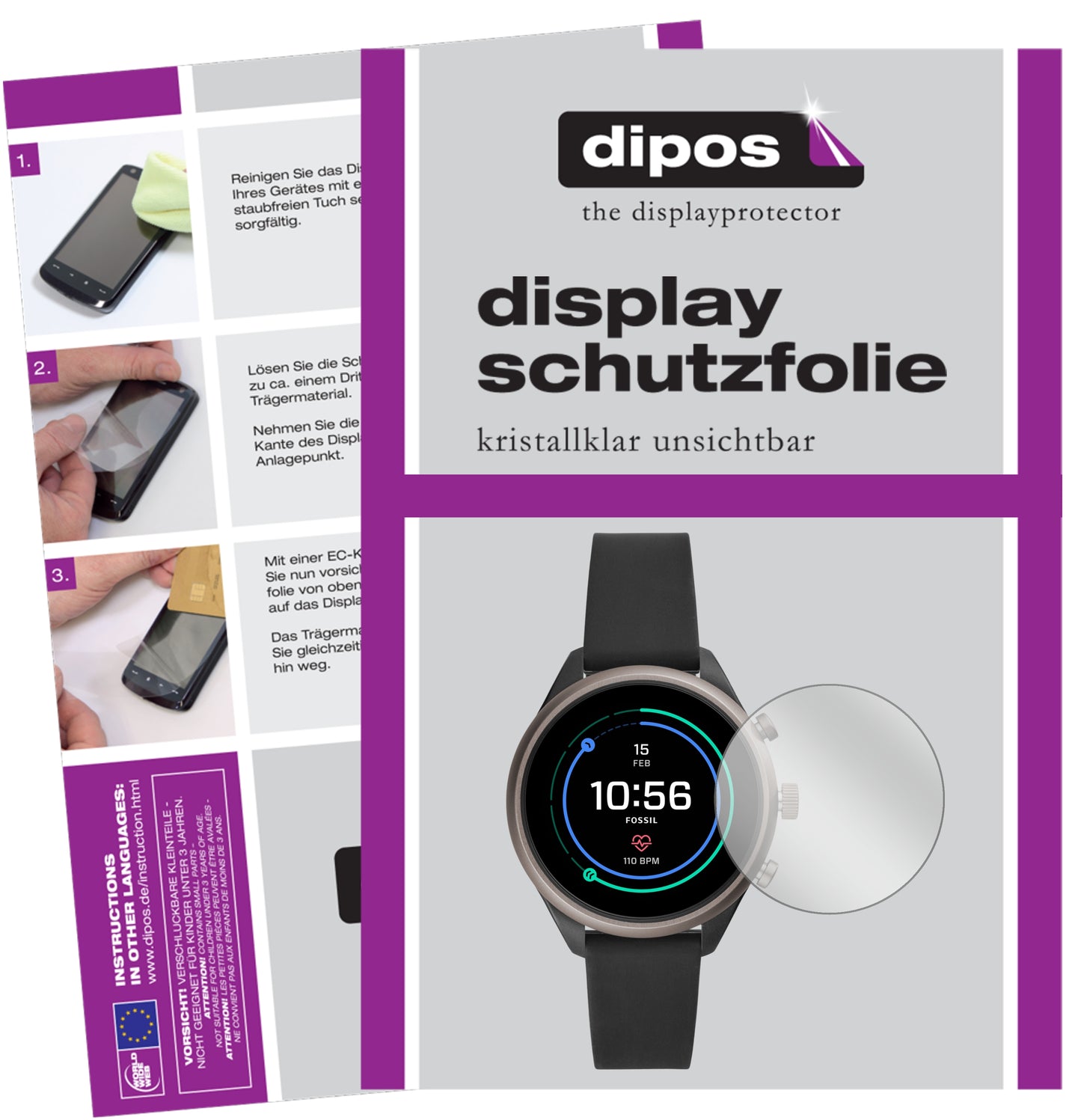 Klare Displayschutzfolie von dipos passend für Fossil Sport Smartwatch, präziser Zuschnitt und blasenfrei montiert