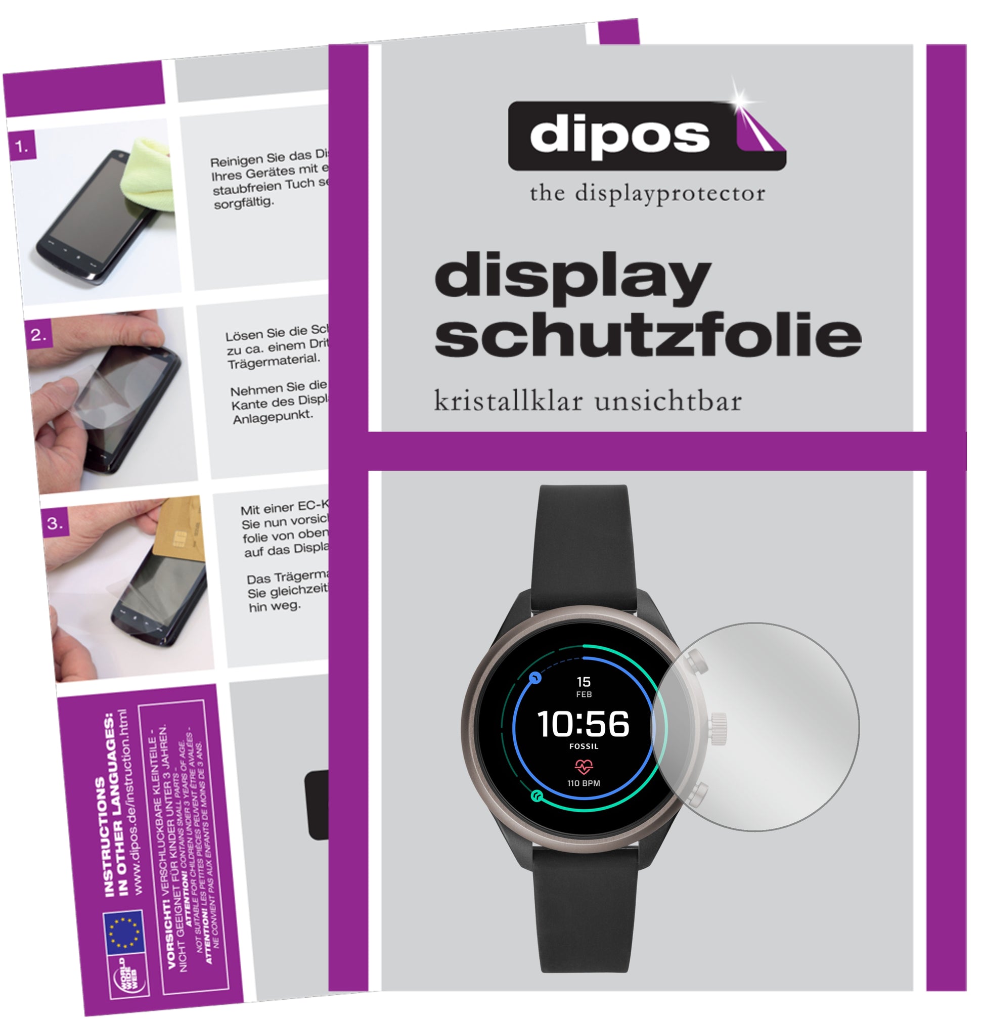 Klare Displayschutzfolie von dipos passend für Fossil Sport Smartwatch, präziser Zuschnitt und blasenfrei montiert