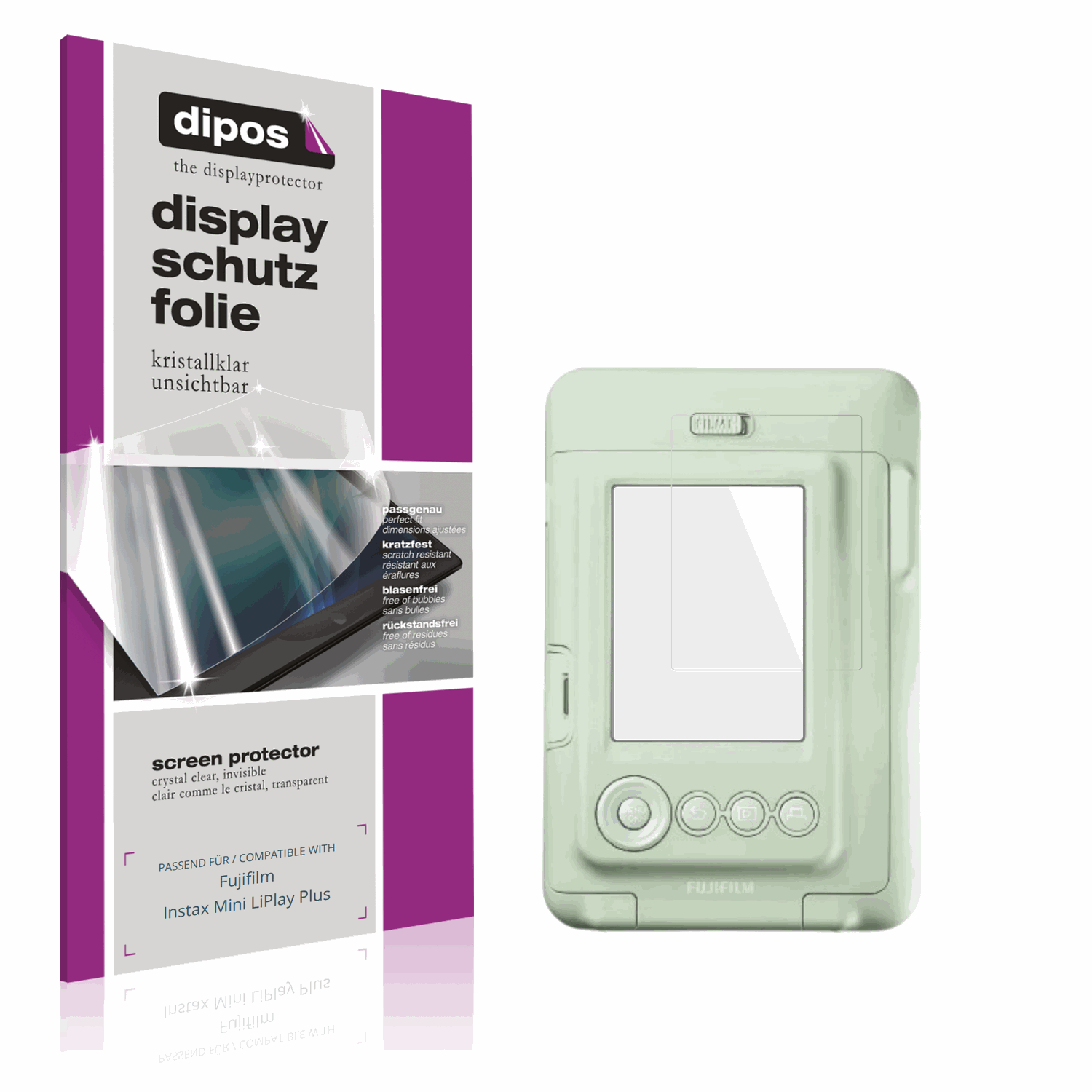 Klare Displayschutzfolie von dipos passend für fujifilminstax mini liplay plus, präziser Zuschnitt und blasenfrei montiert
