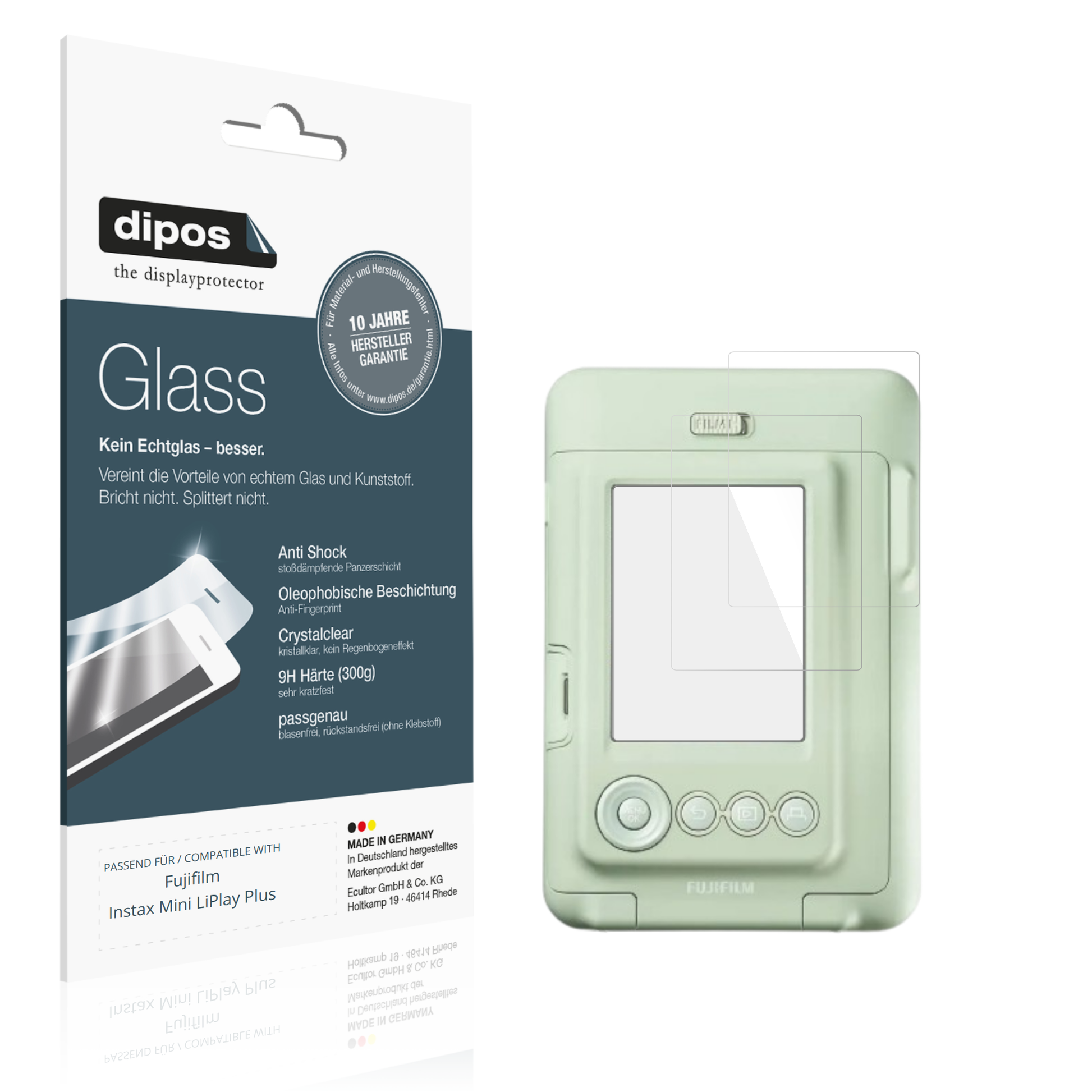 Klare Displayschutzfolie von dipos passend für fujifilminstax mini liplay plus, 9H kratzfest und blasenfrei montiert