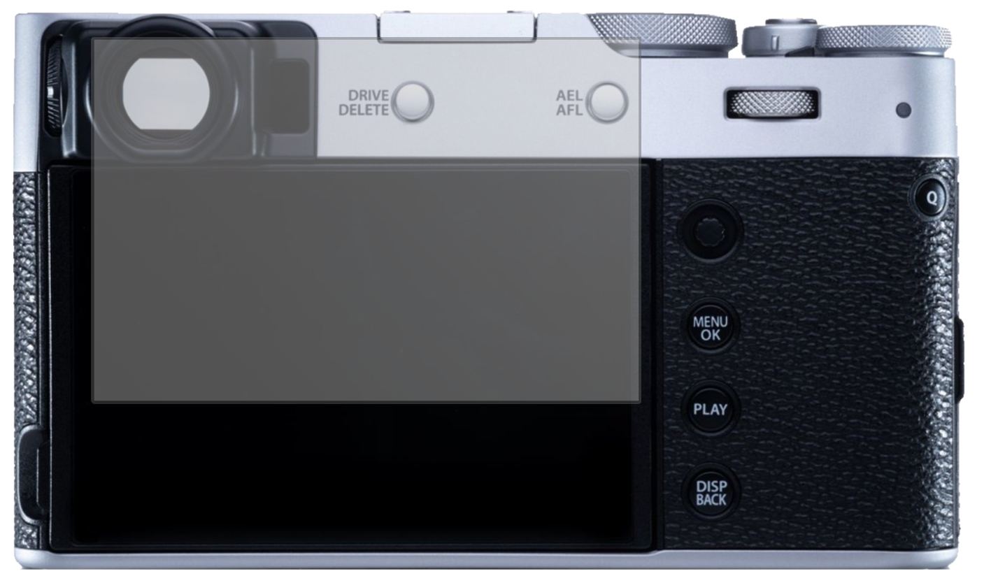 FujifilmX100V mit aufgebrachter dipos Displayschutzfolie, die lästige Fingerabdrücke minimiert