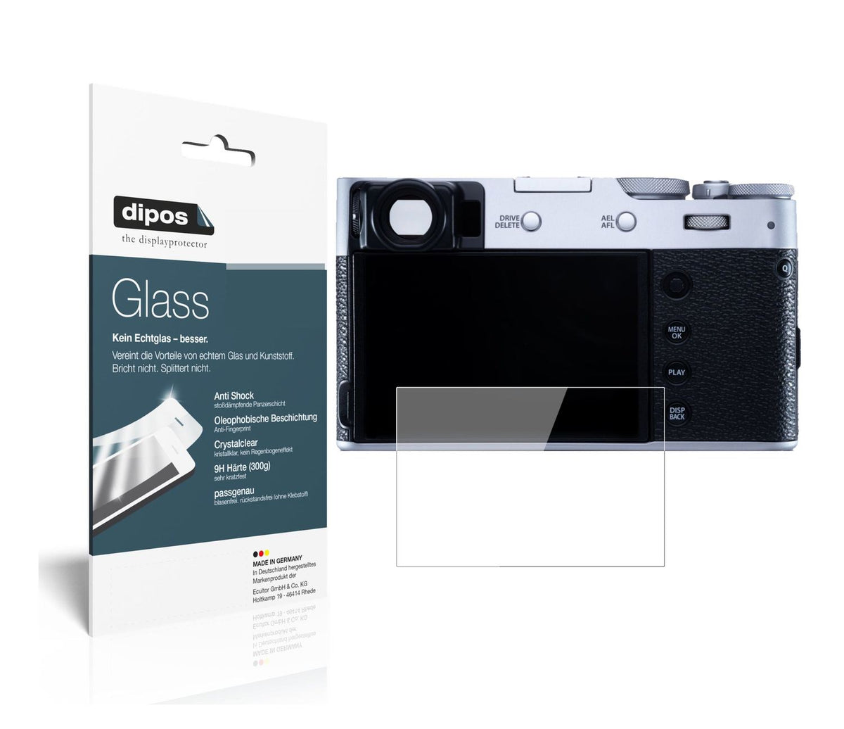 Klare Displayschutzfolie von dipos passend für Fujifilm X100V, 9H kratzfest und blasenfrei montiert