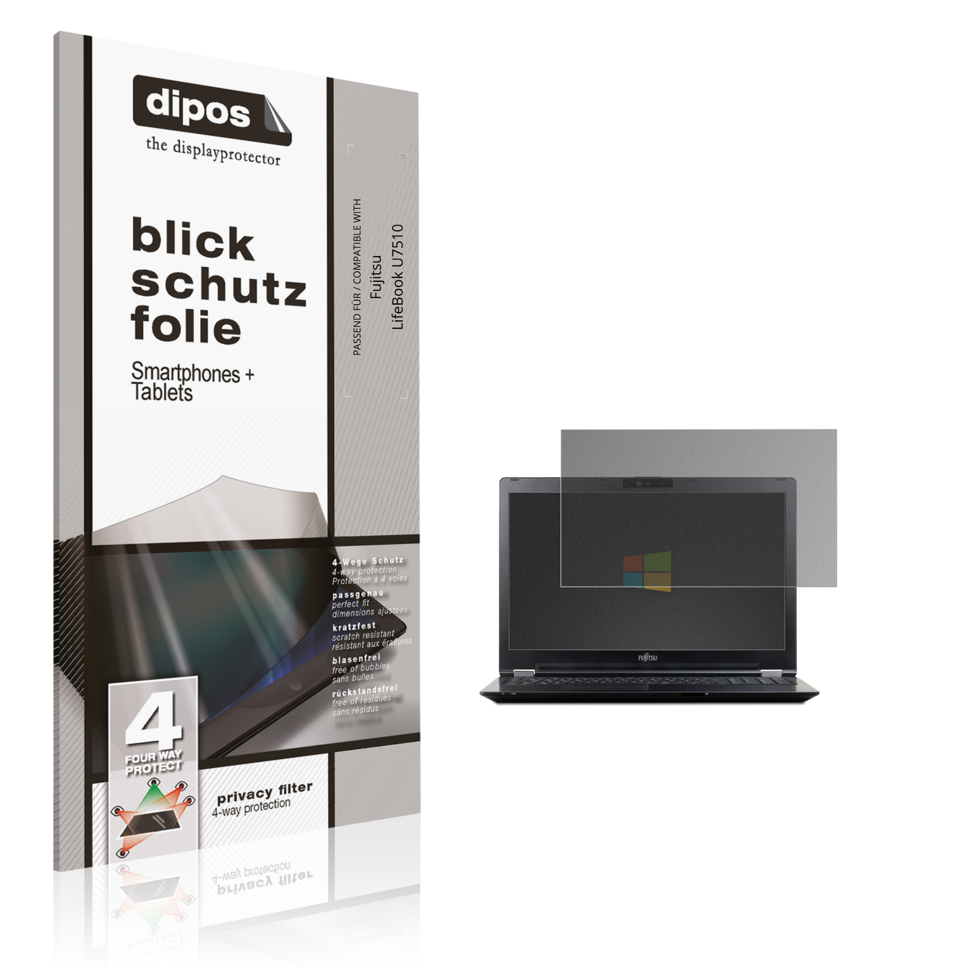 Blickschutzfolie von dipos passend für Fujitsu LifeBook U7510, präziser Zuschnitt und blasenfrei montiert