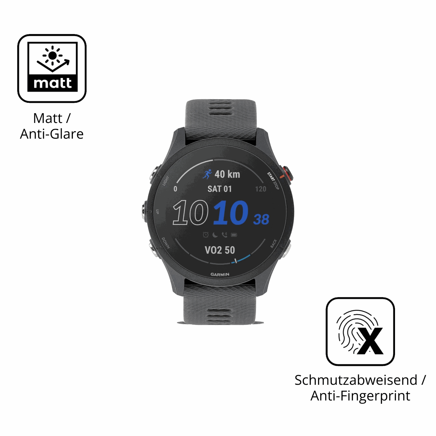 Dünne und entspiegelnde Folie passend zugeschnitten für Garmin Forerunner 255