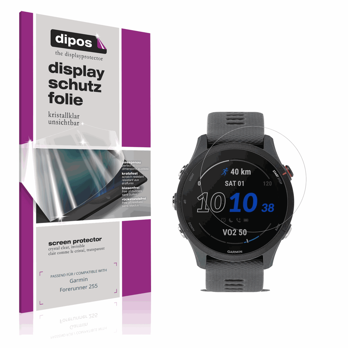 Klare Displayschutzfolie von dipos passend für Garmin Forerunner 255, präziser Zuschnitt und blasenfrei montiert