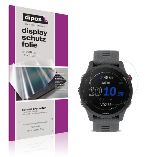 Klare Displayschutzfolie von dipos passend für Garmin Forerunner 255, präziser Zuschnitt und blasenfrei montiert