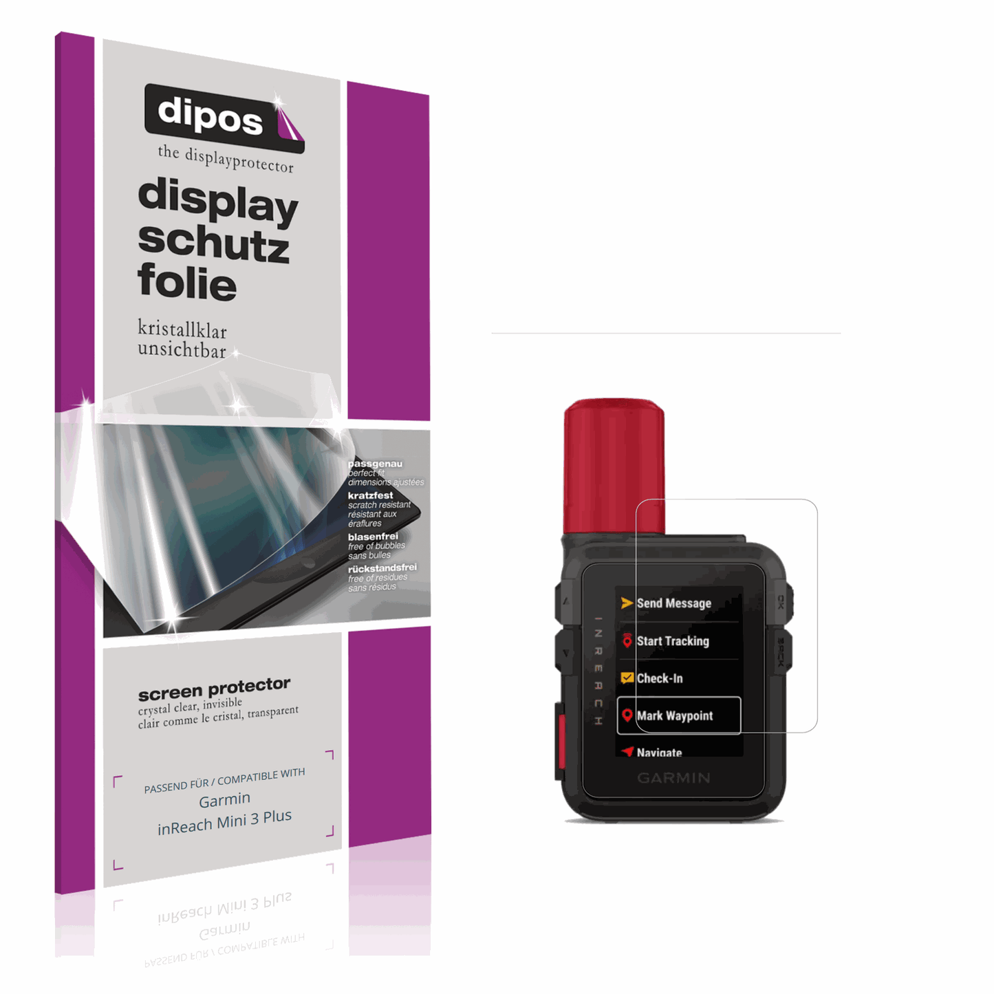 Klare Displayschutzfolie von dipos passend für Garmin inReach Mini 3 Plus, präziser Zuschnitt und blasenfrei montiert