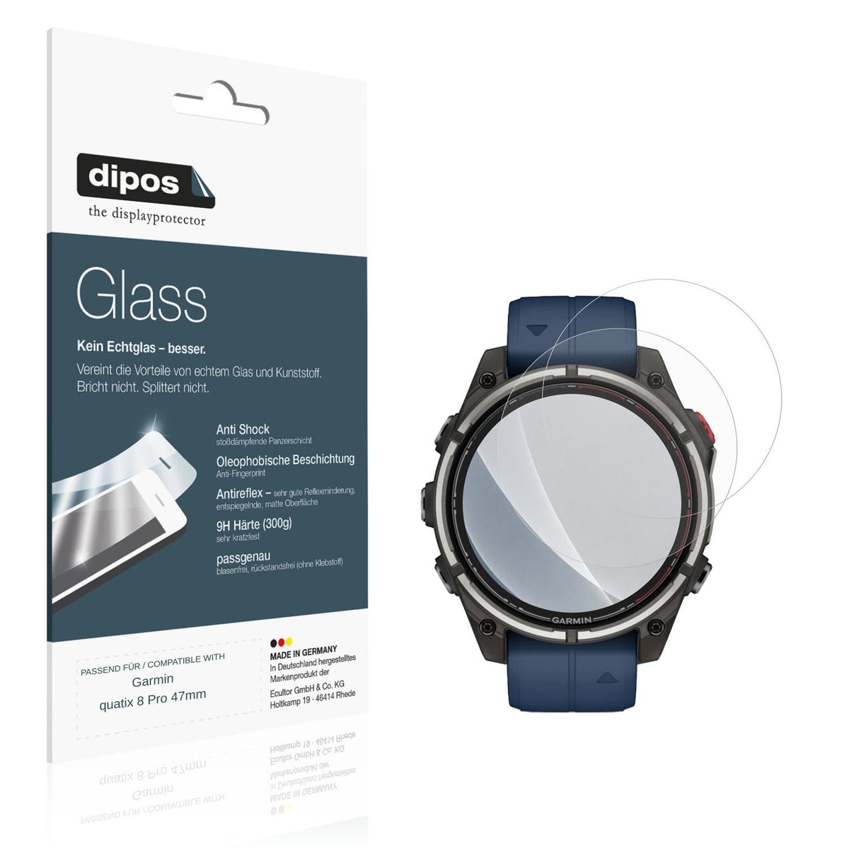 Matte Displayschutzfolie von dipos passend für Garmin quatix 8 Pro 47mm, 9H kratzfest und blasenfrei montiert