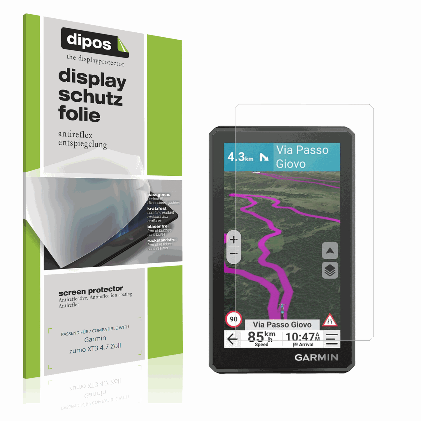 Matte Displayschutzfolie von dipos passend für Garmin zumo XT3 4.7 Zoll, präziser Zuschnitt und blasenfrei montiert