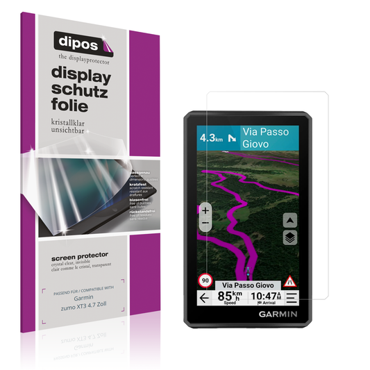Klare Displayschutzfolie von dipos passend für Garmin zumo XT3 4.7 Zoll, präziser Zuschnitt und blasenfrei montiert