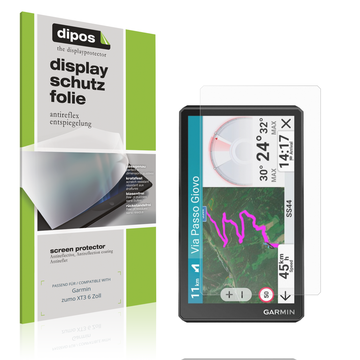 Matte Displayschutzfolie von dipos passend für Garmin zumo XT3 6 Zoll, präziser Zuschnitt und blasenfrei montiert