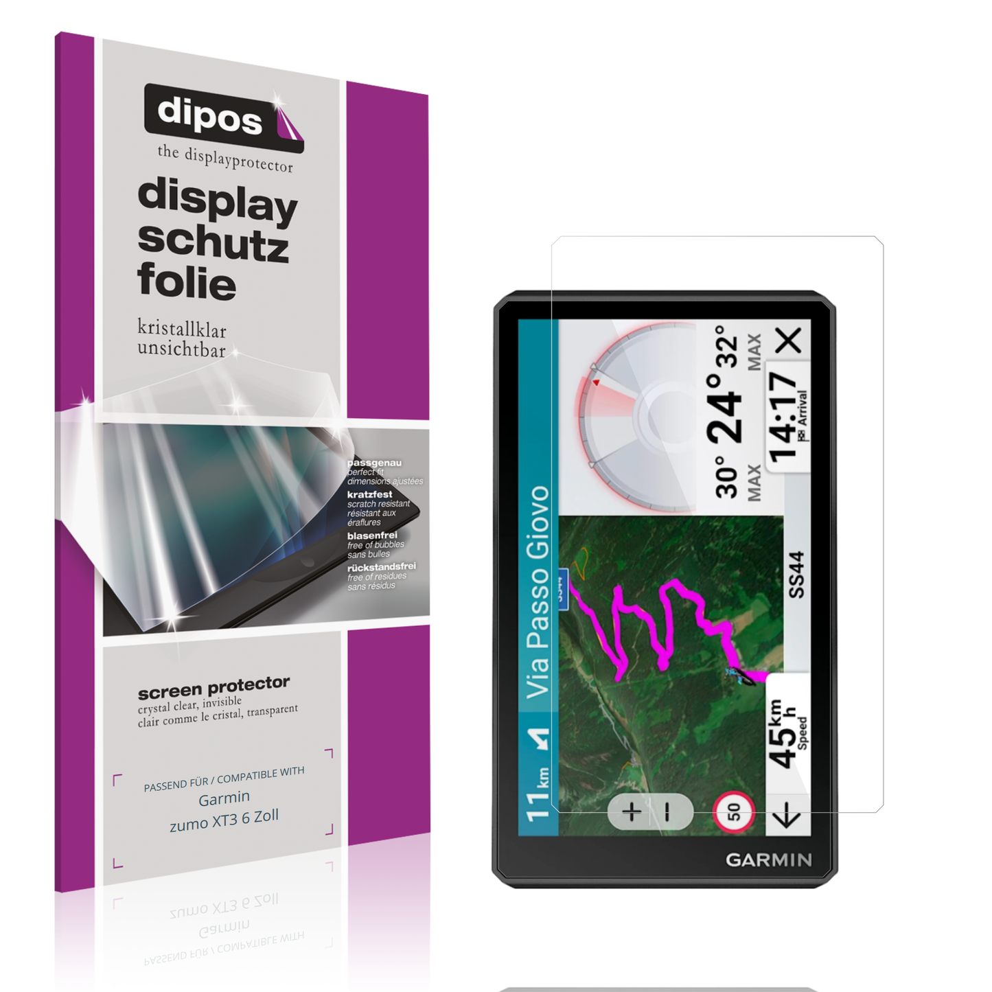 Klare Displayschutzfolie von dipos passend für Garmin zumo XT3 6 Zoll, präziser Zuschnitt und blasenfrei montiert