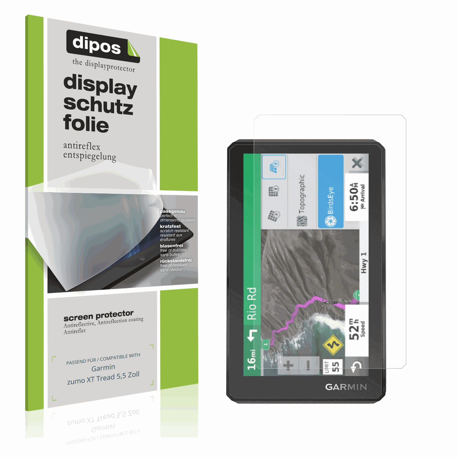 Matte Displayschutzfolie von dipos passend für Garmin zumo XT Tread 5,5 Zoll, präziser Zuschnitt und blasenfrei montiert