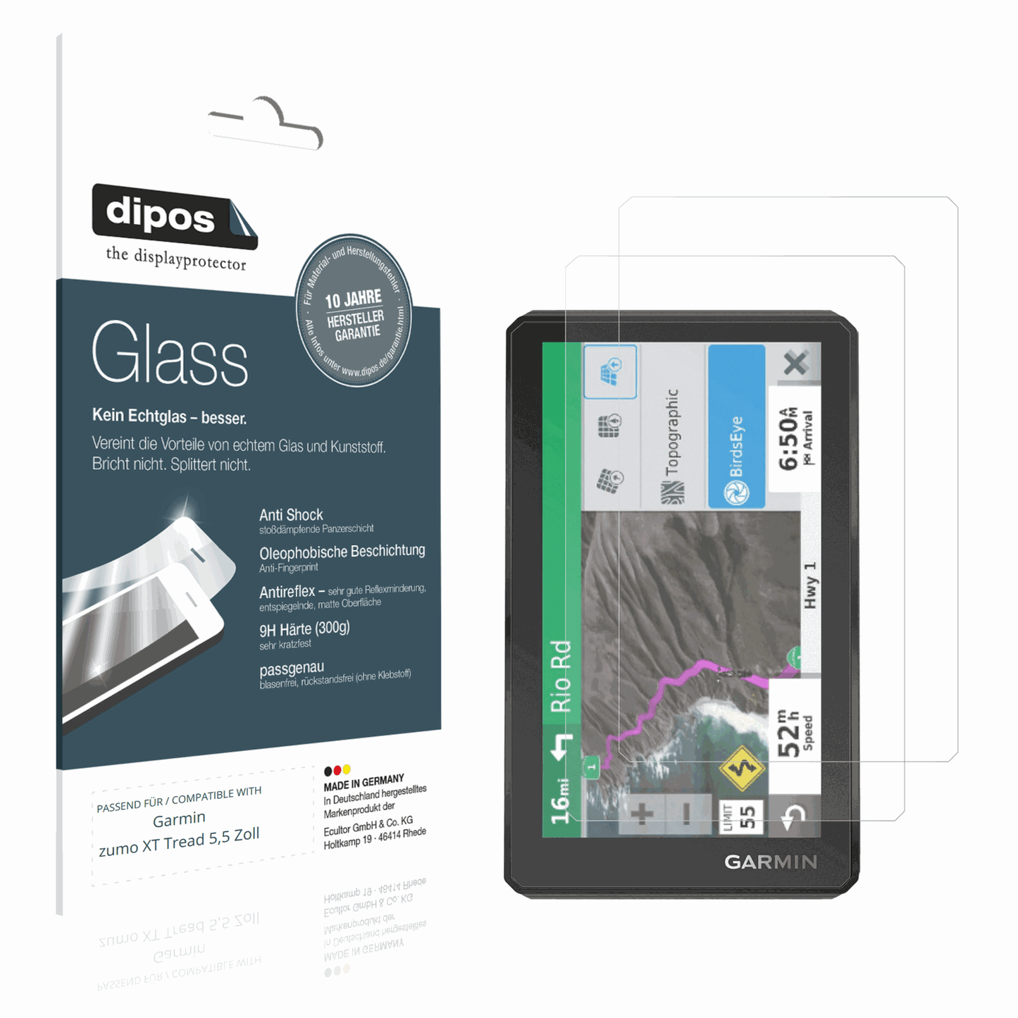 Matte Displayschutzfolie von dipos passend für Garmin zumo XT Tread 5,5 Zoll, 9H kratzfest und blasenfrei montiert