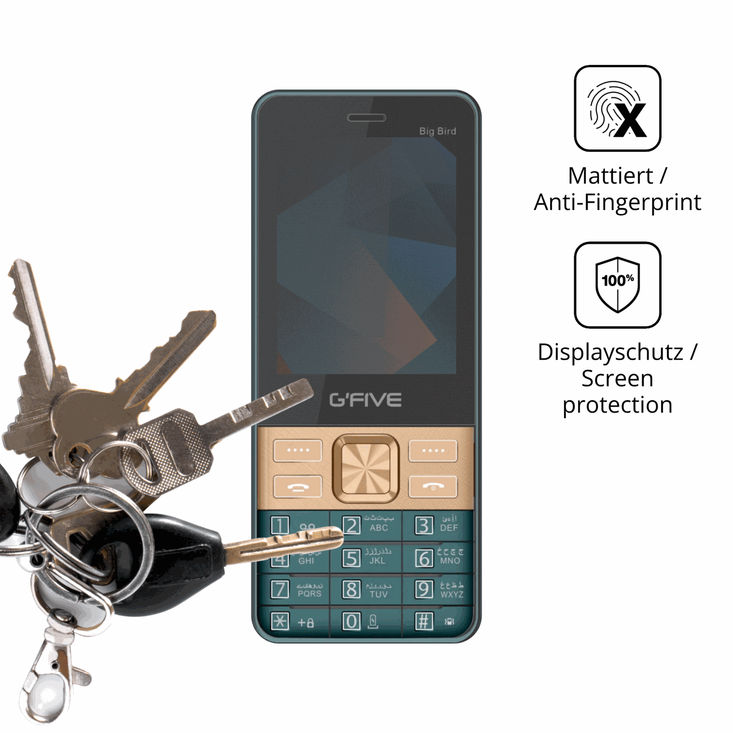 dipos Displayschutz für GFive Big Bird New, mattierte Oberfläche, Blickschutzfilter und perfekter Passform