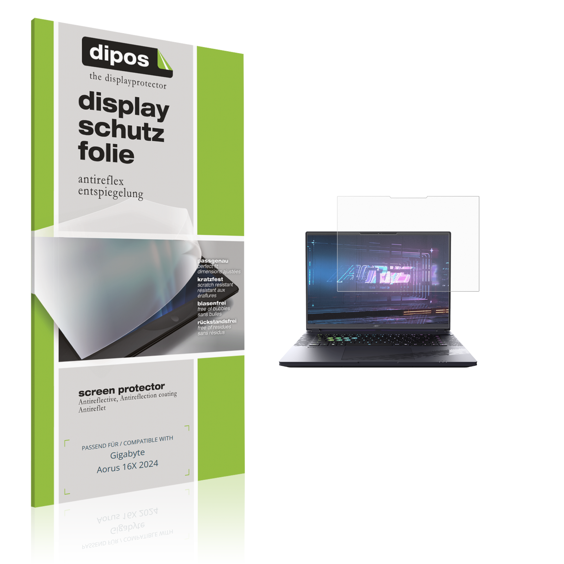 Matte Displayschutzfolie von dipos passend für Gigabyte Aorus 16X 2024, präziser Zuschnitt und blasenfrei montiert