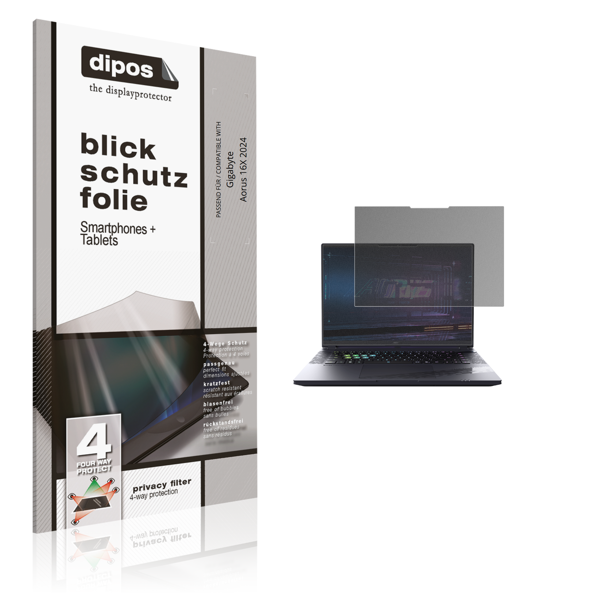 Blickschutzfolie von dipos passend für Gigabyte Aorus 16X 2024, präziser Zuschnitt und blasenfrei montiert