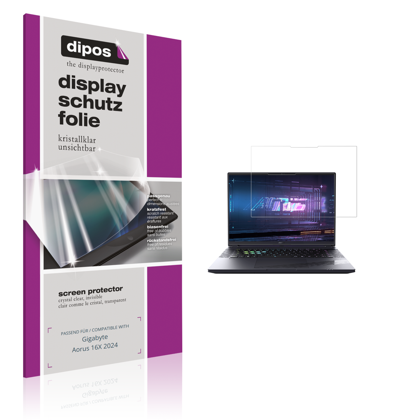 Klare Displayschutzfolie von dipos passend für Gigabyte Aorus 16X 2024, präziser Zuschnitt und blasenfrei montiert