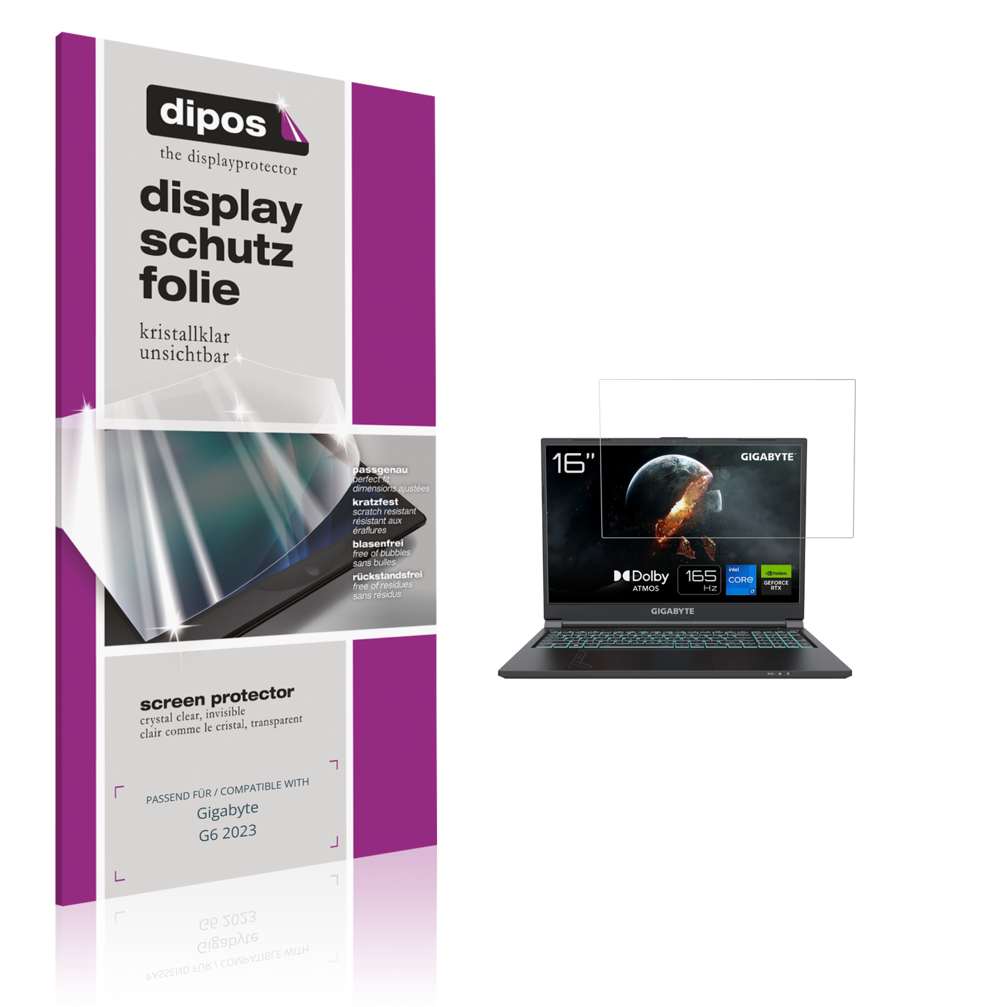 Klare Displayschutzfolie von dipos passend für Gigabyte G6 2023, präziser Zuschnitt und blasenfrei montiert