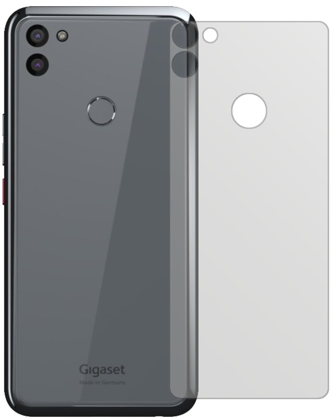 GigasetGS5 Rückseite mit aufgebrachter dipos Displayschutzfolie, die lästige Fingerabdrücke minimiert