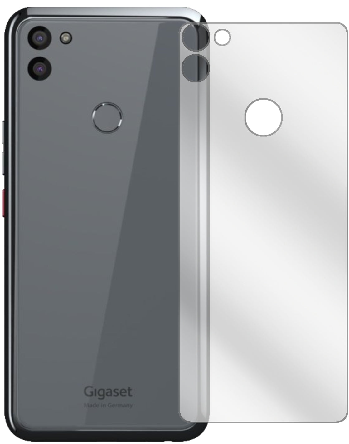 GigasetGS5 Rückseite mit aufgebrachter dipos Displayschutzfolie, glasklare Darstellung ohne Einschränkungen
