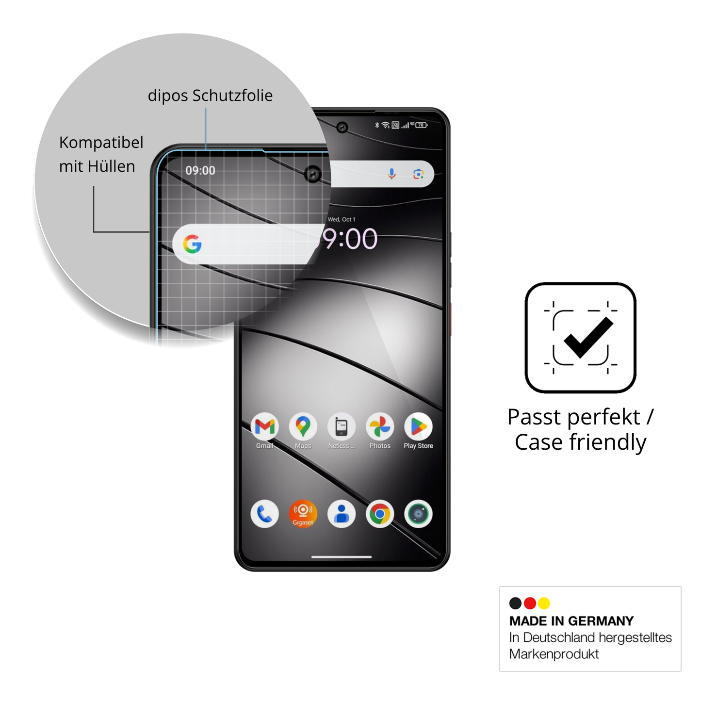 Schutzfolie mit optimaler Passform, zur Verwendung mit Hüllen geeignet