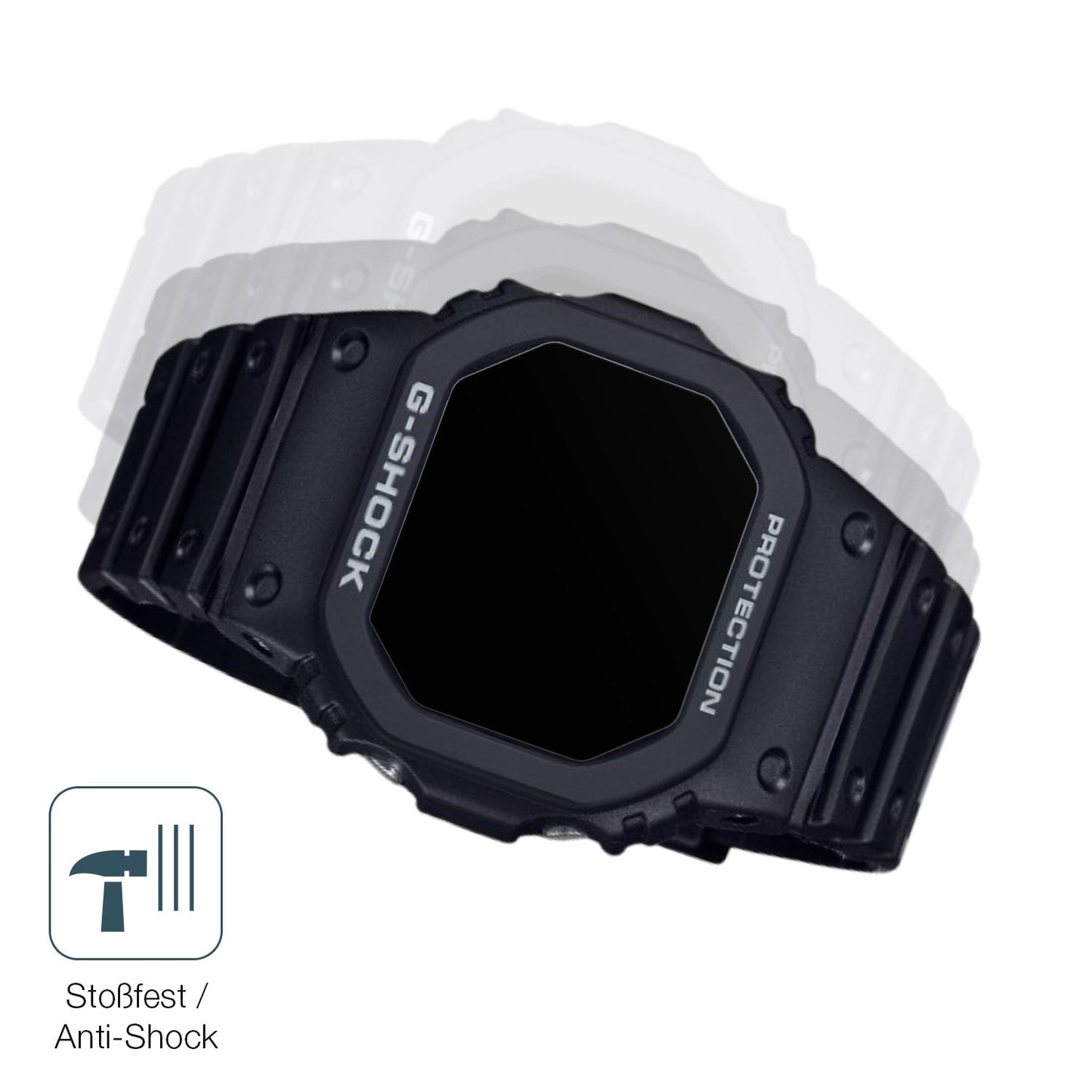 Schutz gegen Kratzer auf dem Casio G-Shock DW-5000R-1A Glas durch Schlüssel, Stöße gegen die Tischkante oder Stürze