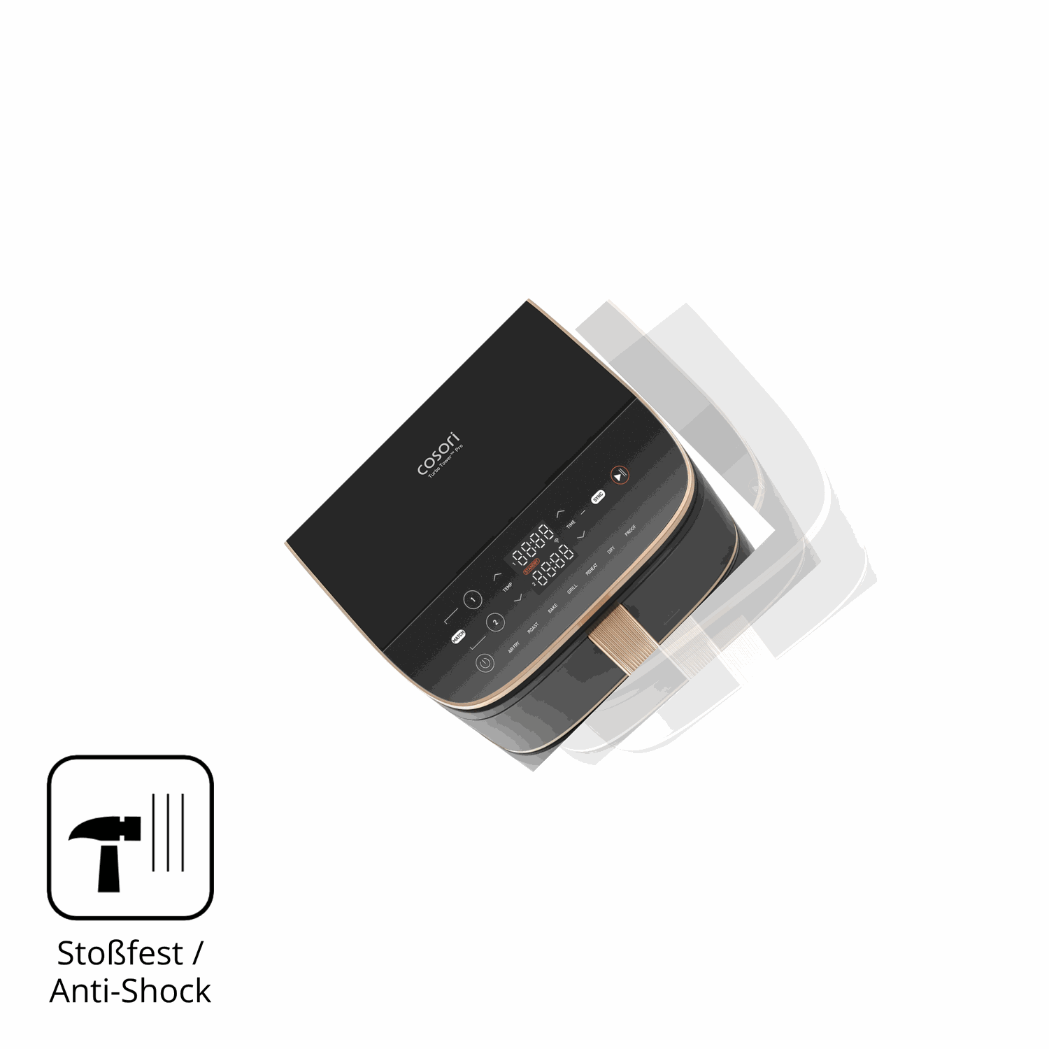 Schutz gegen Kratzer auf dem Cosori Turbo Tower Pro Glas durch Schlüssel, Stöße gegen die Tischkante oder Stürze