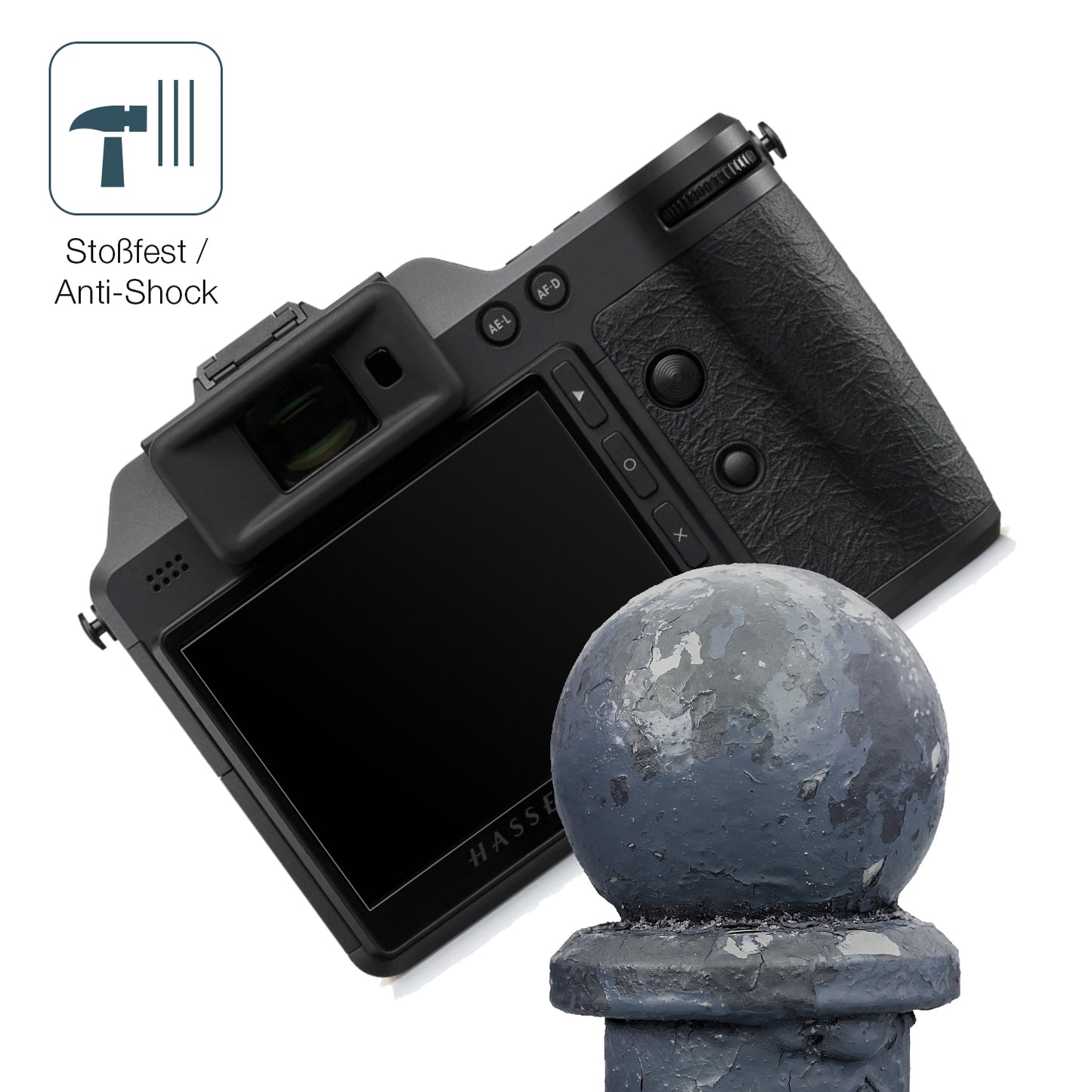 Schutz gegen Kratzer auf dem Hasselblad X2D II Glas durch Schlüssel, Stöße gegen die Tischkante oder Stürze