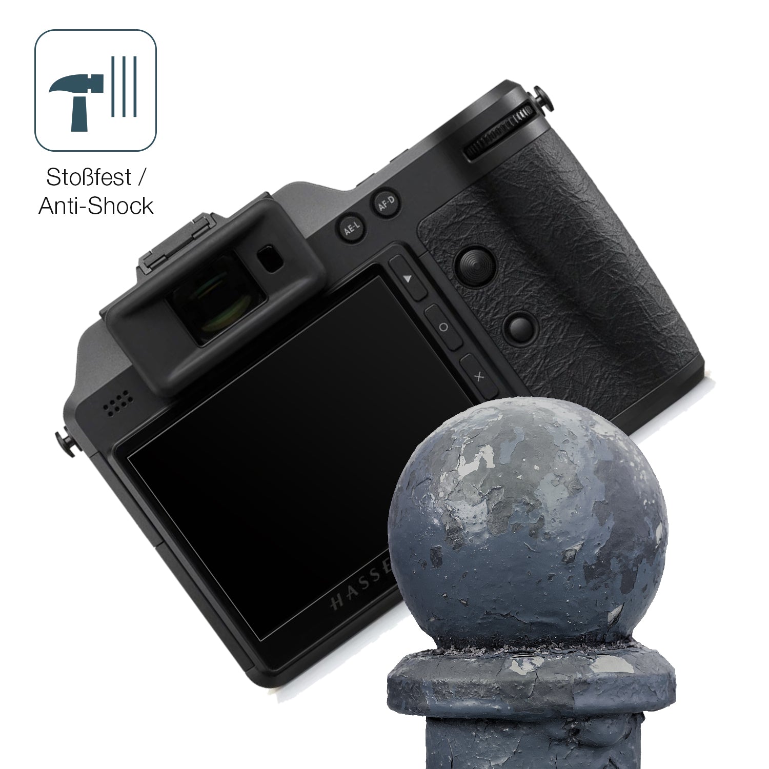 Schutz gegen Kratzer auf dem Hasselblad X2D II Glas durch Schlüssel, Stöße gegen die Tischkante oder Stürze