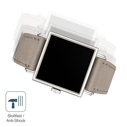 Schutz gegen Kratzer auf dem NOMOS Glashütte Tetra 27 Glas durch Schlüssel, Stöße gegen die Tischkante oder Stürze