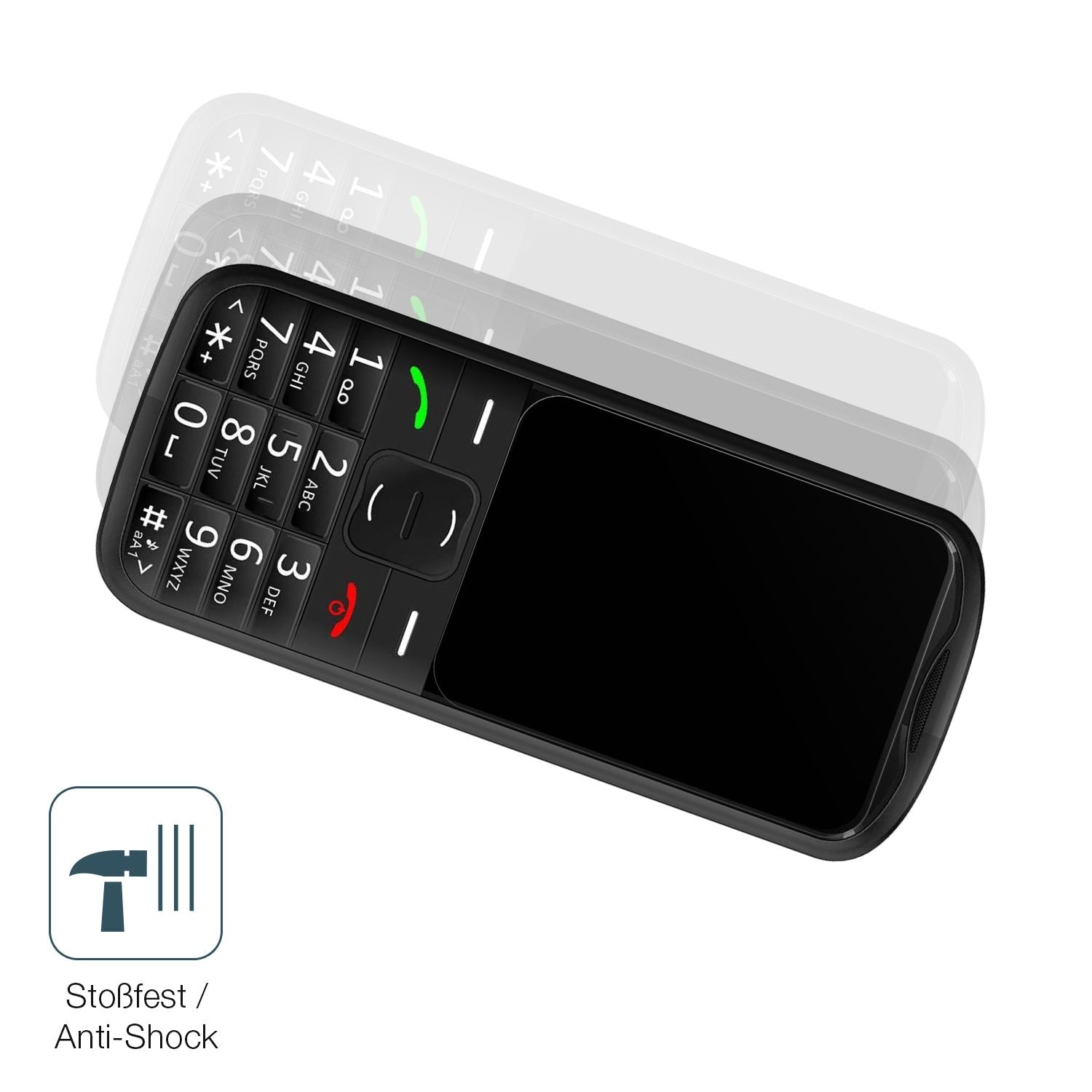 Schutz gegen Kratzer auf dem Simvalley Mobile Seniorenhandy Glas durch Schlüssel, Stöße gegen die Tischkante oder Stürze