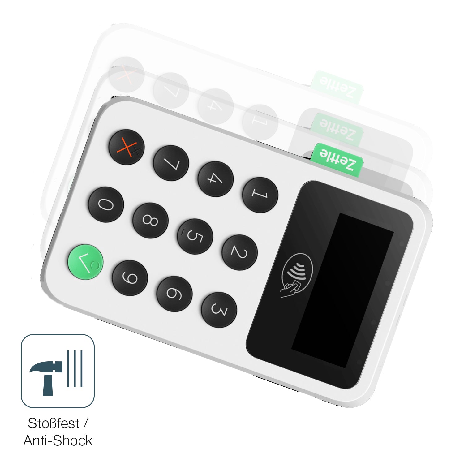 Schutz gegen Kratzer auf dem Zettle Reader 2 Glas durch Schlüssel, Stöße gegen die Tischkante oder Stürze