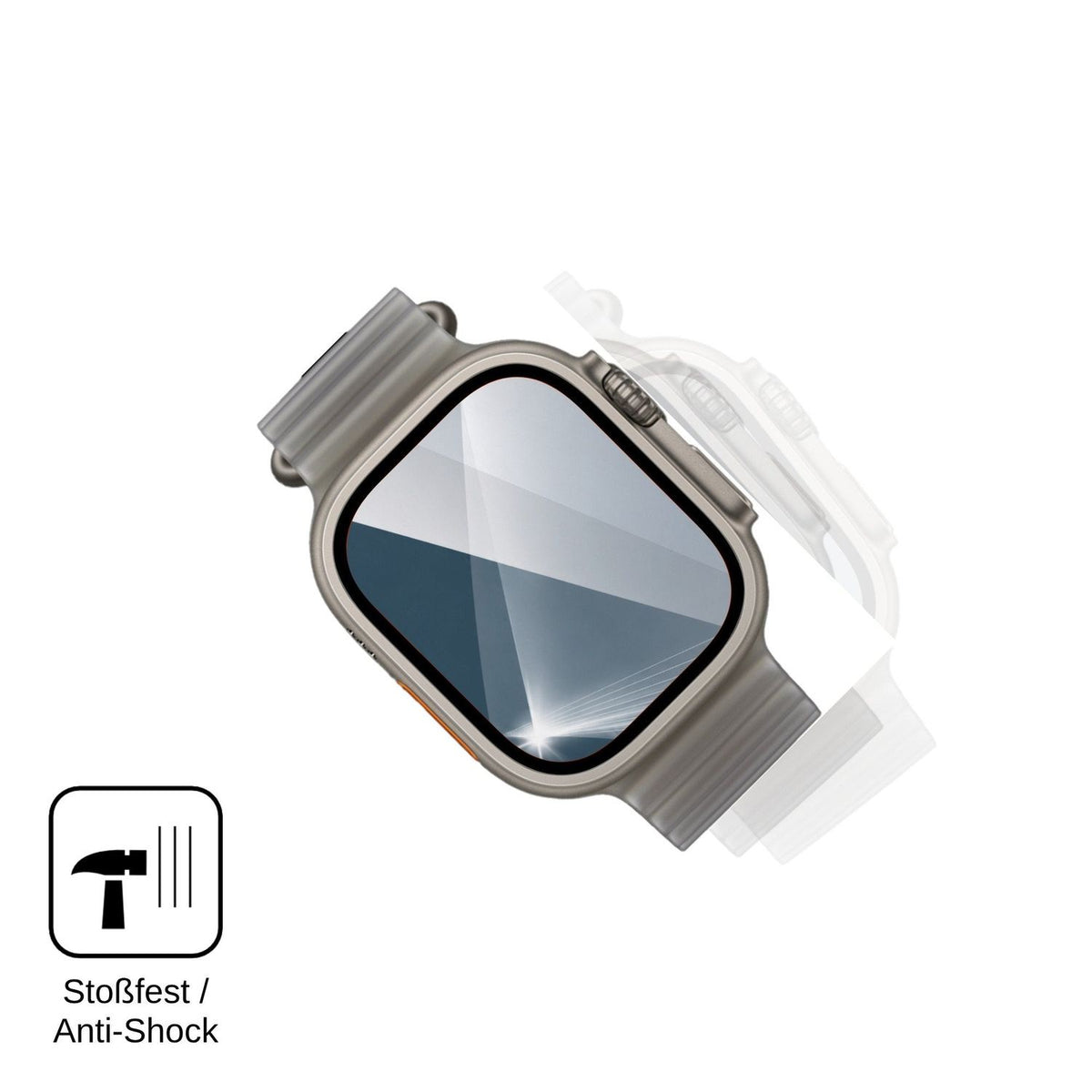 Schutz gegen Kratzer auf dem Apple Watch Ultra 4 Glas durch Schlüssel, Stöße gegen die Tischkante oder Stürze