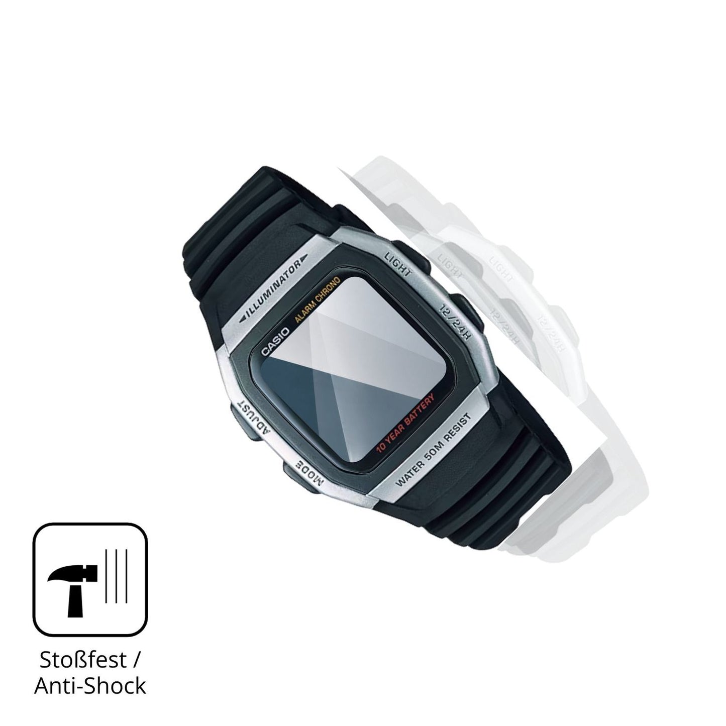 Schutz gegen Kratzer auf dem Casio W-96H-1AV Glas durch Schlüssel, Stöße gegen die Tischkante oder Stürze