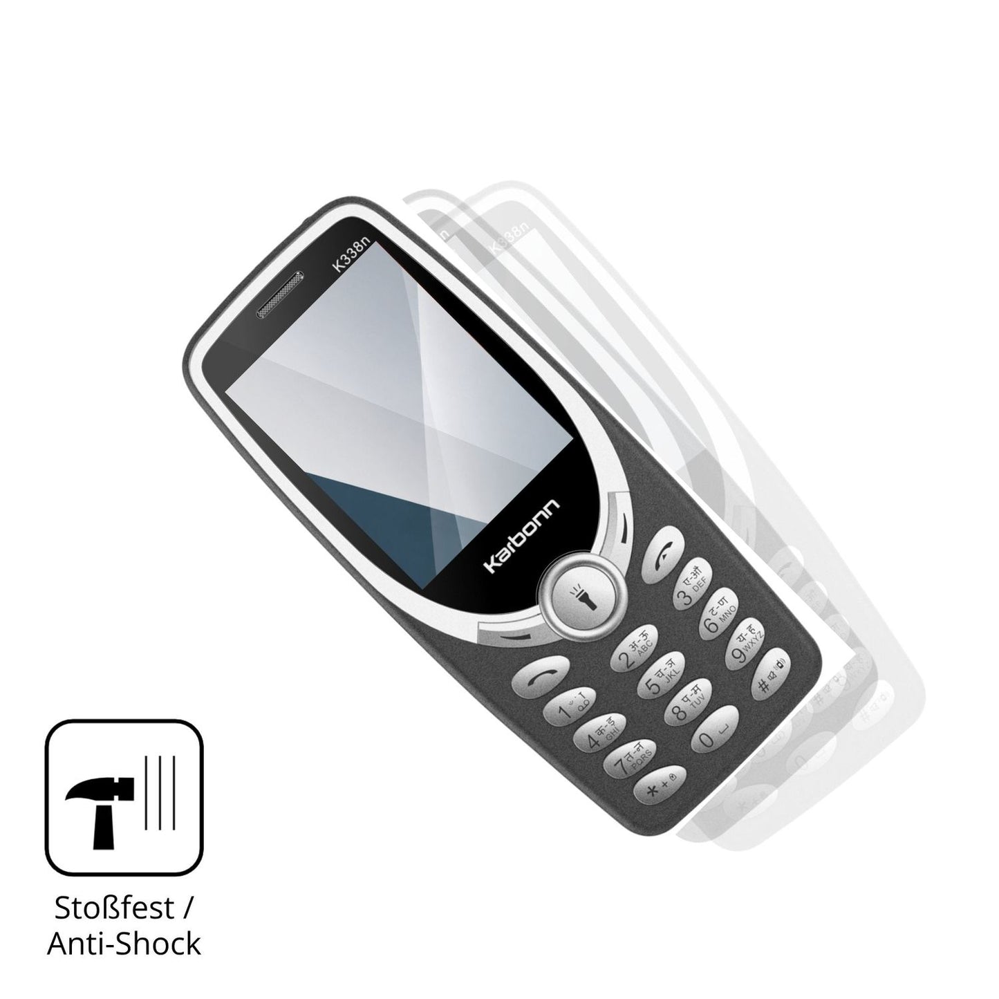 Schutz gegen Kratzer auf dem Karbonn K338n Glas durch Schlüssel, Stöße gegen die Tischkante oder Stürze