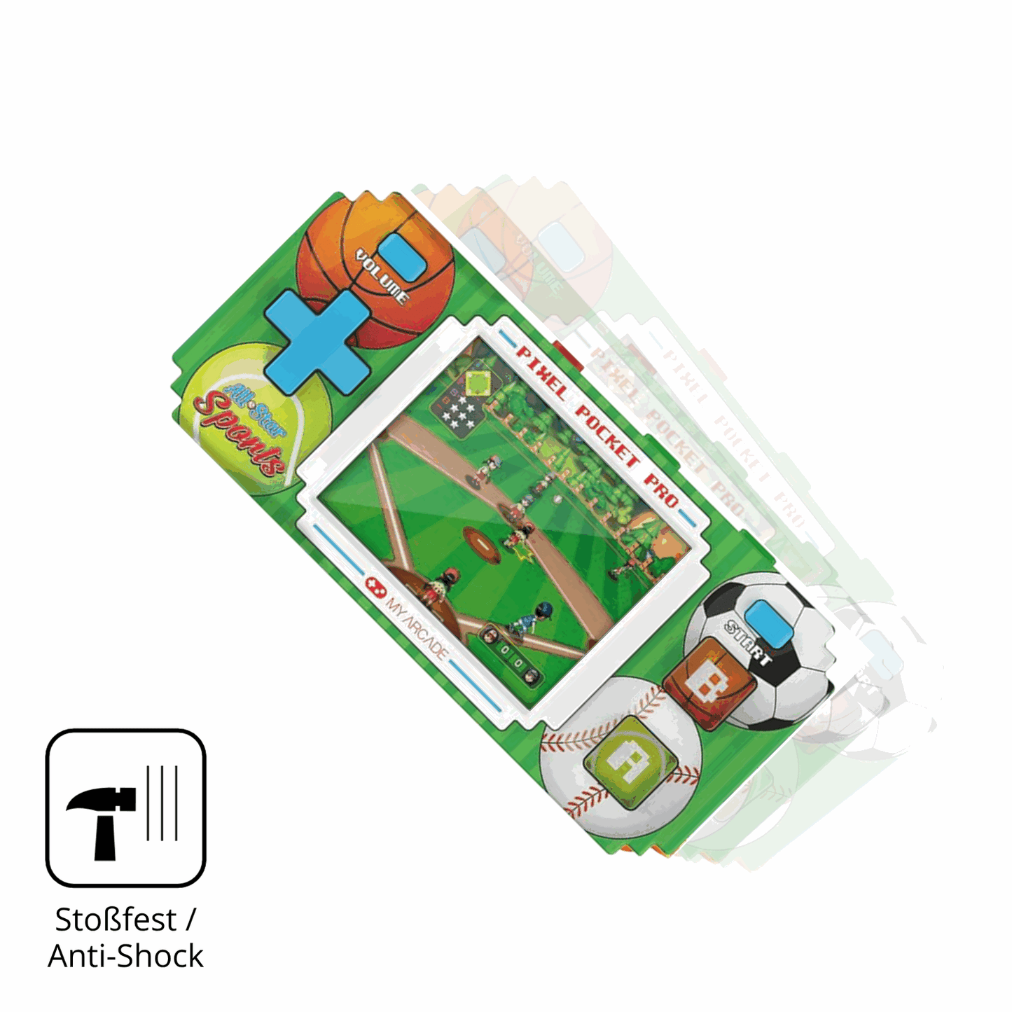 Schutz gegen Kratzer auf dem MyArcade Pixel Pocket Pro All Star Sports Glas durch Schlüssel, Stöße gegen die Tischkante oder Stürze