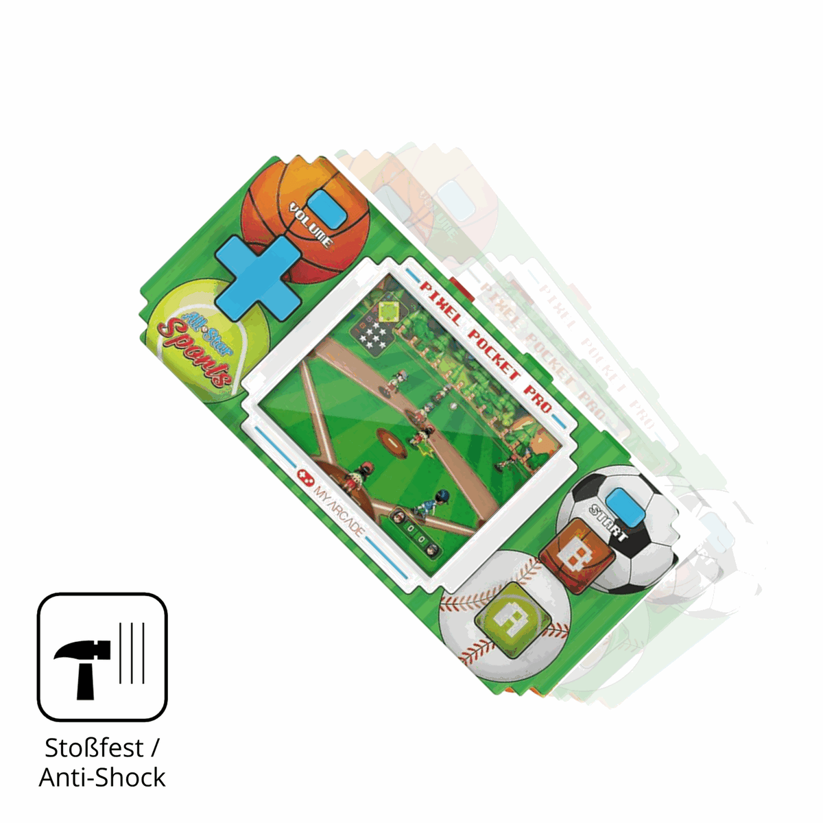 Schutz gegen Kratzer auf dem MyArcade Pixel Pocket Pro All Star Sports Glas durch Schlüssel, Stöße gegen die Tischkante oder Stürze