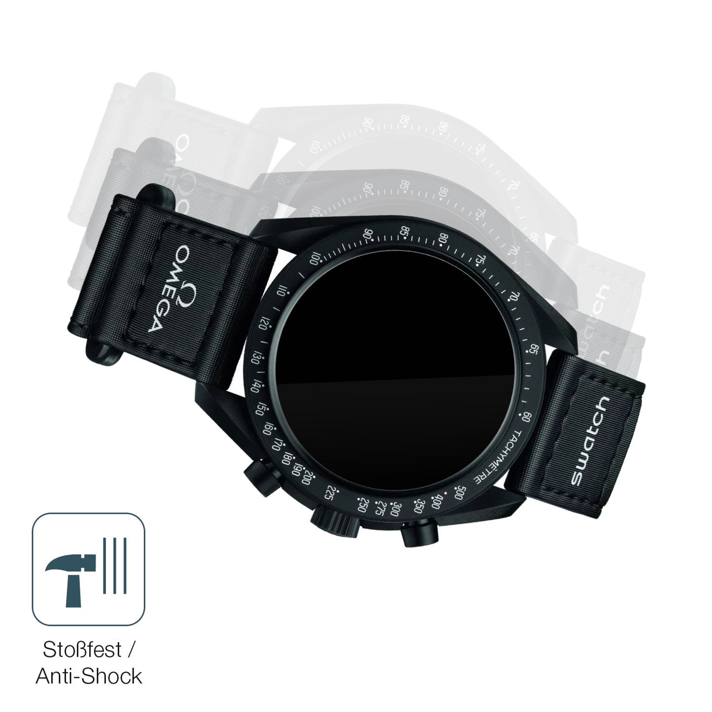 Schutz gegen Kratzer auf dem Omega x Swatch Speedmaster Moonswatch Glas durch Schlüssel, Stöße gegen die Tischkante oder Stürze