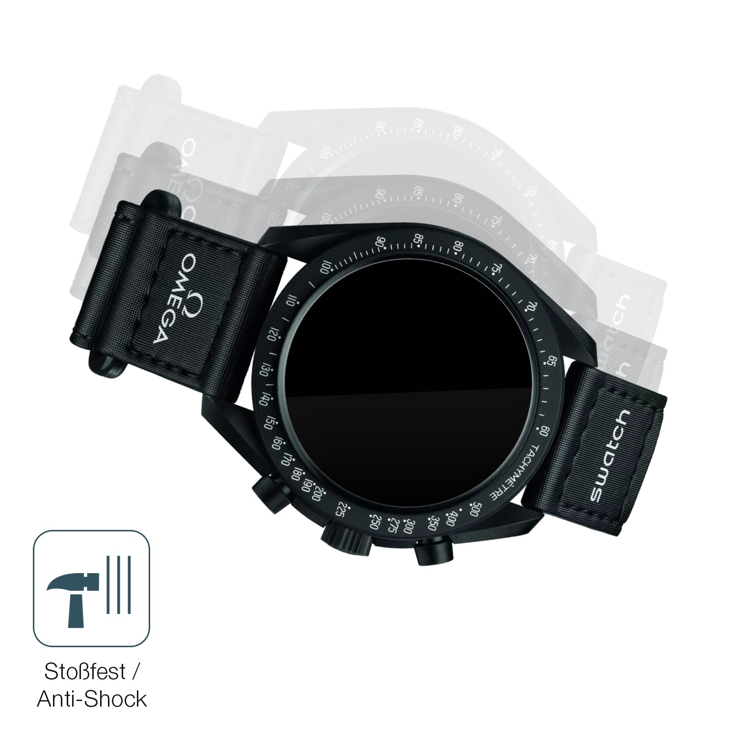 Schutz gegen Kratzer auf dem Omega x Swatch Speedmaster Moonswatch Glas durch Schlüssel, Stöße gegen die Tischkante oder Stürze