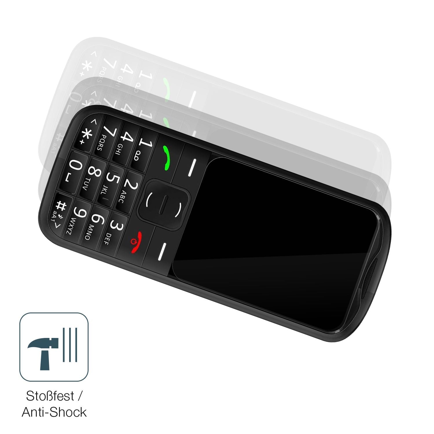 Schutz gegen Kratzer auf dem Simvalley Mobile Seniorenhandy Glas durch Schlüssel, Stöße gegen die Tischkante oder Stürze