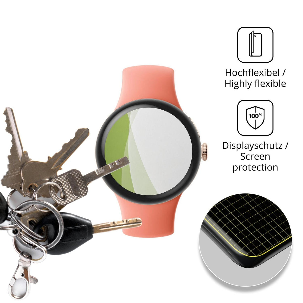 dipos Displayschutz für Google Pixel Watch 5 41mm, transparente Oberfläche, perfekte Passform auch für die Rundungen