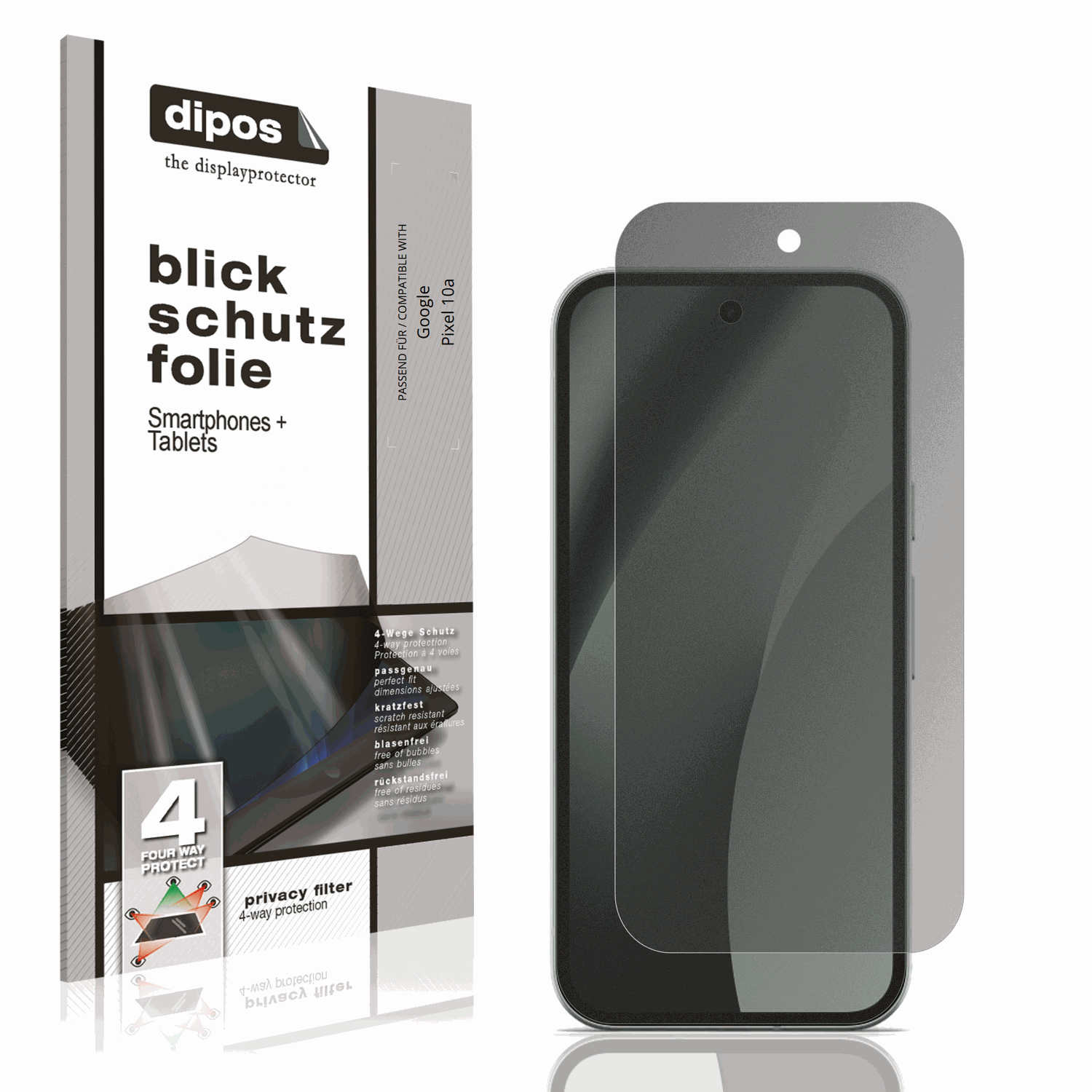 Blickschutzfolie von dipos passend für Google Pixel 10a, präziser Zuschnitt und blasenfrei montiert