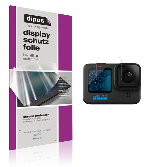 Klare Displayschutzfolie von dipos passend für goprohero 11, präziser Zuschnitt und blasenfrei montiert