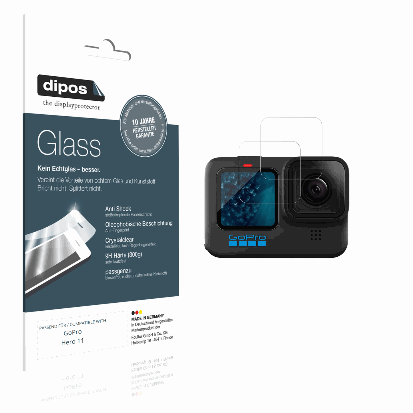 Klare Displayschutzfolie von dipos passend für goprohero 11, 9H kratzfest und blasenfrei montiert