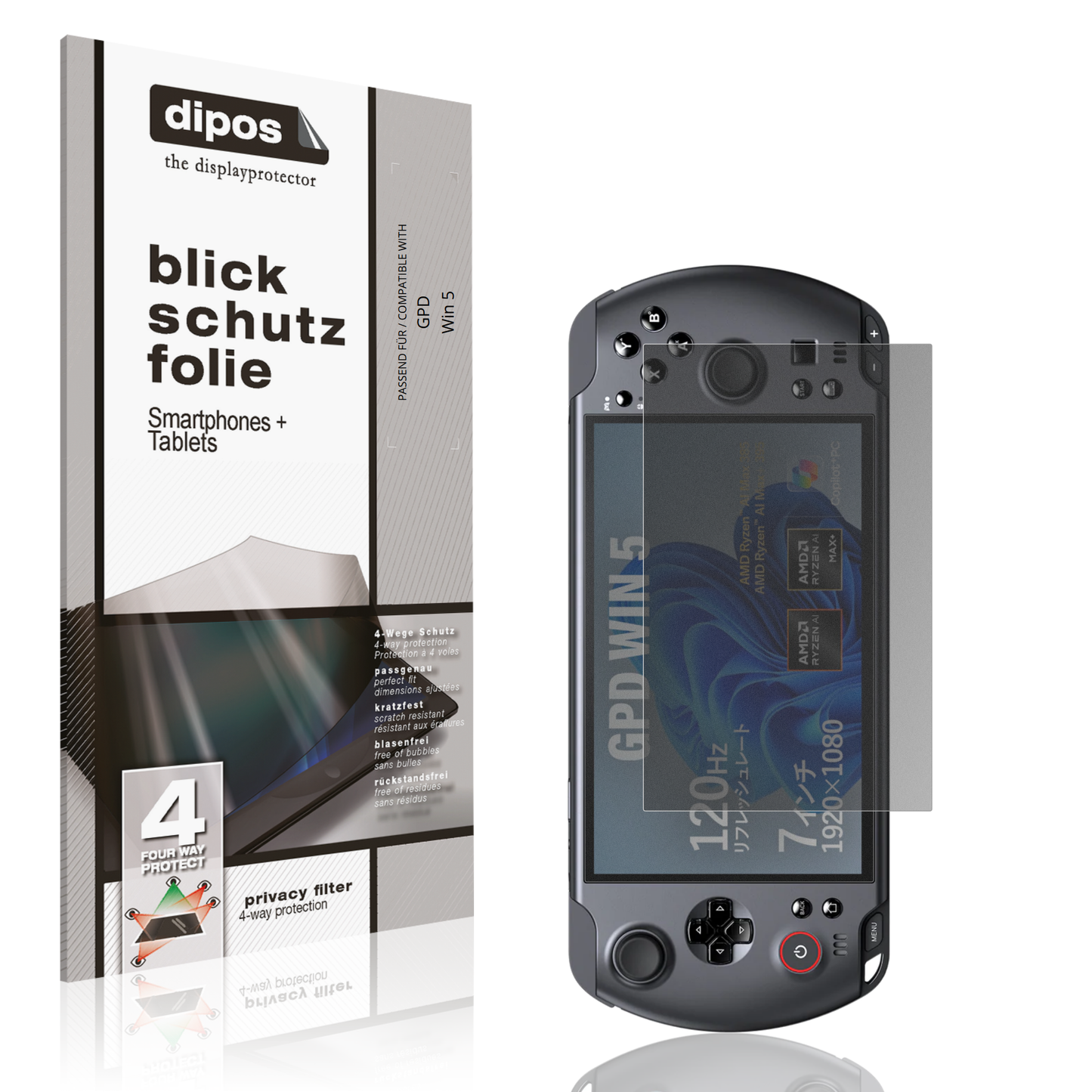 Blickschutzfolie von dipos passend für GPD Win 5, präziser Zuschnitt und blasenfrei montiert