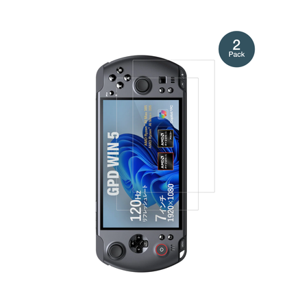 GPDWin 5 mit aufgebrachter dipos Flex Schutzfolie, glasklare Darstellung ohne Einschränkungen